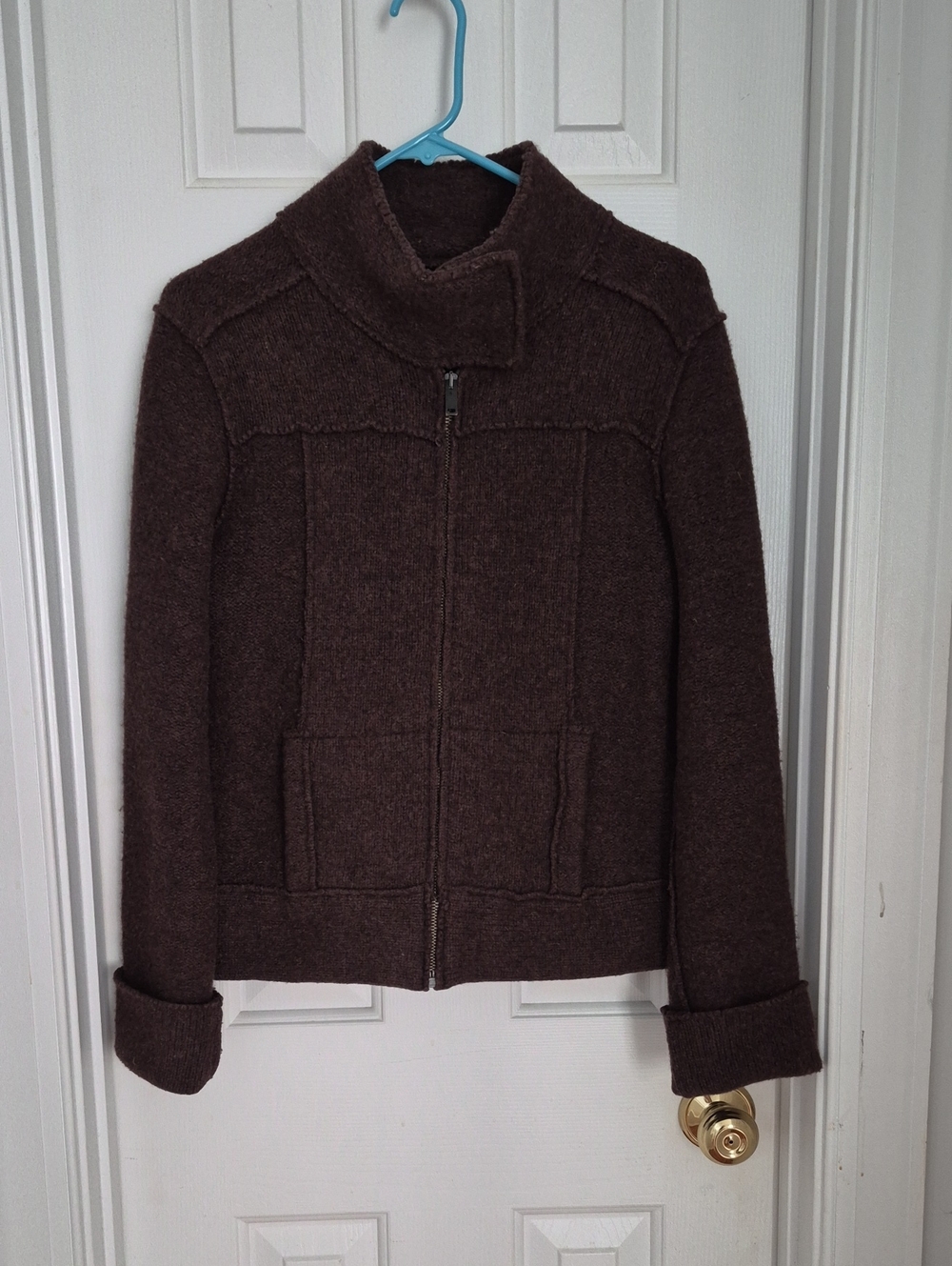 United Colors Of Benetton Women's Dark Brown Knit Zip-Front Bomber Jacket - M